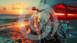 Damaged car at sunset on beach.