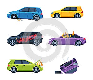 Damaged car vehicles set. Road traffic accidents and vandalism cartoon vector illustration