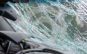 Damaged car window after an accident. Broken windshield as a result of an accident, inside view. Cabin interior details, view from