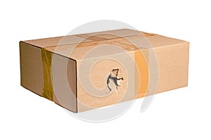Damaged cardboard box. Incorrect transportation of the parcel or theft of the goods during delivery. Isolated on white.