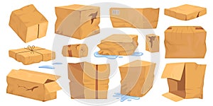 Damaged cardboard boxes flat icons set. Broken container for packaging products. Recycling material