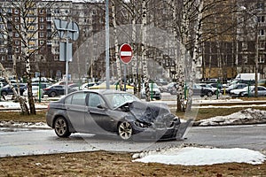 Damaged cars on the highway at the scene of an accident