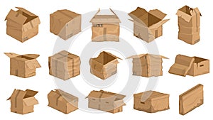 Damaged carton cardboard boxes, crumpled delivery package. Broken, wet, torn carton delivery boxes vector illustration