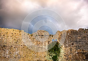 Damaged castle wall background ruins sky backdrop storm clouds windows ivy plant flowers copyspace