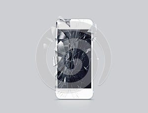 Damaged cell phone display, scattered shards, 3d rendering photo
