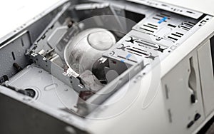 damaged computer with aluminium bowl inside