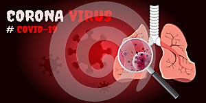 Damaged from Coronavirus cells with magnifying glass inspecting the affected on lung. COVID-19 with scary and evil face eating lun