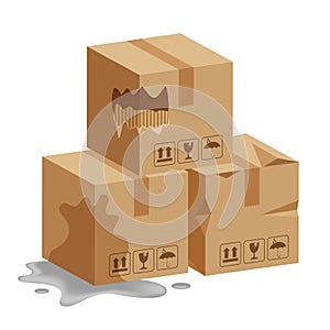 Damaged crate boxes 3d, broken cardboard box, flat style cardboard parcel boxes wet, packaging cargo, isometric boxes torn