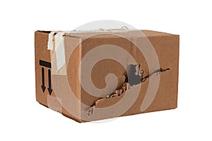 Damaged crumpled postal cardboard. theft on delivery