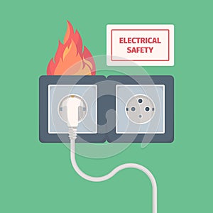 Damaged electric socket. Fire on electricity plug big overload voltage burning wall socket vector concept