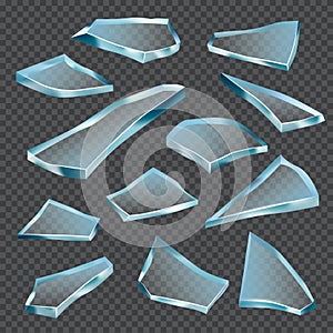 Damaged glass shapes. Shattered mirror or window transparent glasses crash vector realistic illustrations