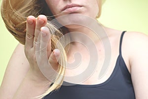 Damaged Hair. Beautiful Sad Young Woman With Long Disheveled Hair. Hair Damage, Health And Beauty Concept