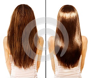 Před a po. poškozené vlasy 