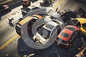 Damaged in heavy car accident vehicles after collision on city street crash site Generative AI