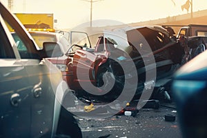 Damaged in heavy car accident vehicles after collision on city street crash site Generative AI