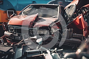 Damaged in heavy car accident vehicles after collision on city street crash site Generative AI