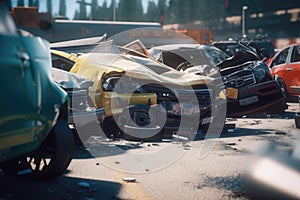 Damaged in heavy car accident vehicles after collision on city street crash site Generative AI