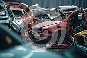 Damaged in heavy car accident vehicles after collision on city street crash site Generative AI