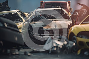 Damaged in heavy car accident vehicles after collision on city street crash site Generative AI