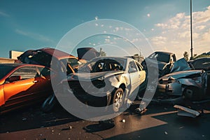 Damaged in heavy car accident vehicles after collision on city street crash site Generative AI