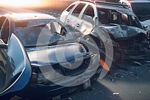 Damaged in heavy car accident vehicles after collision on city street crash site Generative AI