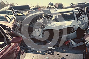 Damaged in heavy car accident vehicles after collision on city street crash site Generative AI