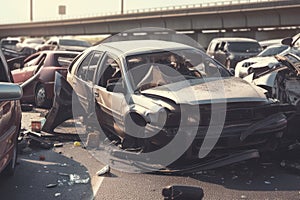 Damaged in heavy car accident vehicles after collision on city street crash site Generative AI