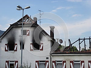 Damaged hotel building after burned by fire.