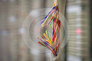 Damaged insulating material of a stranded telephone wire. Gap color telecommunication cable. Concept of poor internet connection