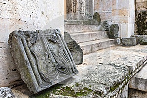 Damaged khachkar in Haghartsin monastery complex, Armenia