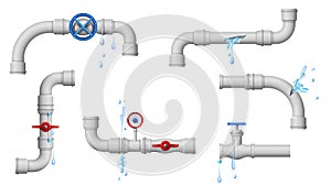 Damaged leaky pipes. Water pipe leaks, broken metal plumbing and leak from pipes and joints vector illustration