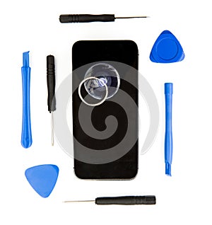 Damaged mobile phone and repair tools