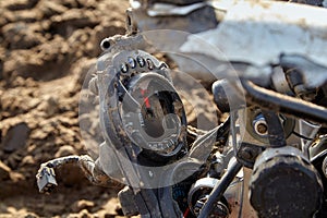 Damaged motorbike after collision with wild animal