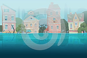 Damaged by natural disaster flood houses and trees partially submerged in the water in cartoon city concept. Storm city