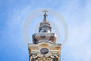 Damaged neglected Serbian orthodox Church of Alibunar a 19th century old Austro Hungarian style church, with its typical baroque