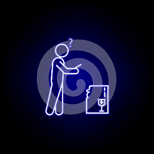 damaged package line icon in blue neon style. Set of logistics illustration icons. Signs, symbols can be used for web, logo,