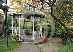 Damaged pavilion in garden