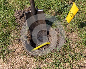 Damaged plastic natural gas line from digging hole in yard with shovel. Yellow buried natural gas warning flag photo