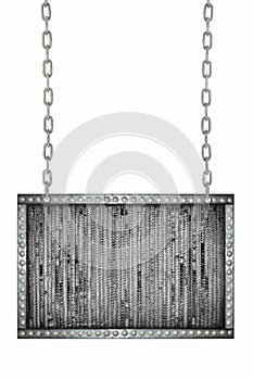 Damaged radiator signboard hanging on chains isolated