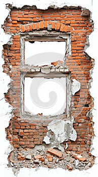 Damaged Red Brick Wall with Empty Window Frames