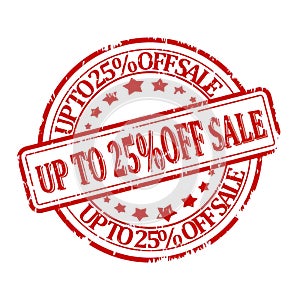 Damaged red round stamp with the words discount up to 25% off sale