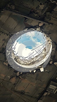 damaged roof hole exposes cloudy sky above Close up