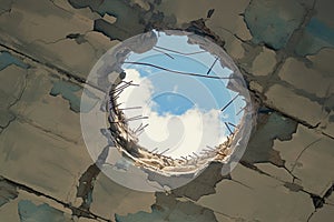 damaged roof hole exposes cloudy sky above Close up