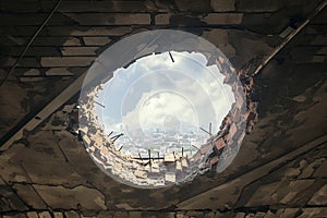 damaged roof hole exposes cloudy sky above Close up