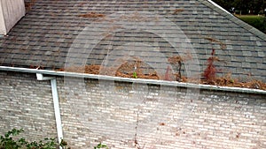 Damaged roof, shingles and gutters on home.