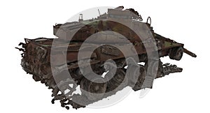 Damaged rusty battle tank on an isolated white background. 3d illustration