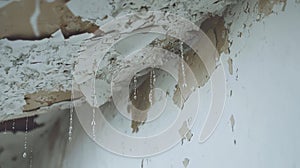 Damaged and stained white ceiling showing the need for restoration, with water marks and peeling paint. photo