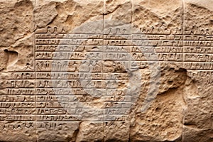 Damaged stone wall with ancient Sumerian cuneiform, fiction view