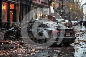 Damaged Tesla Model S on a rainy street scene photo