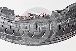 Damaged tire after tire explosion